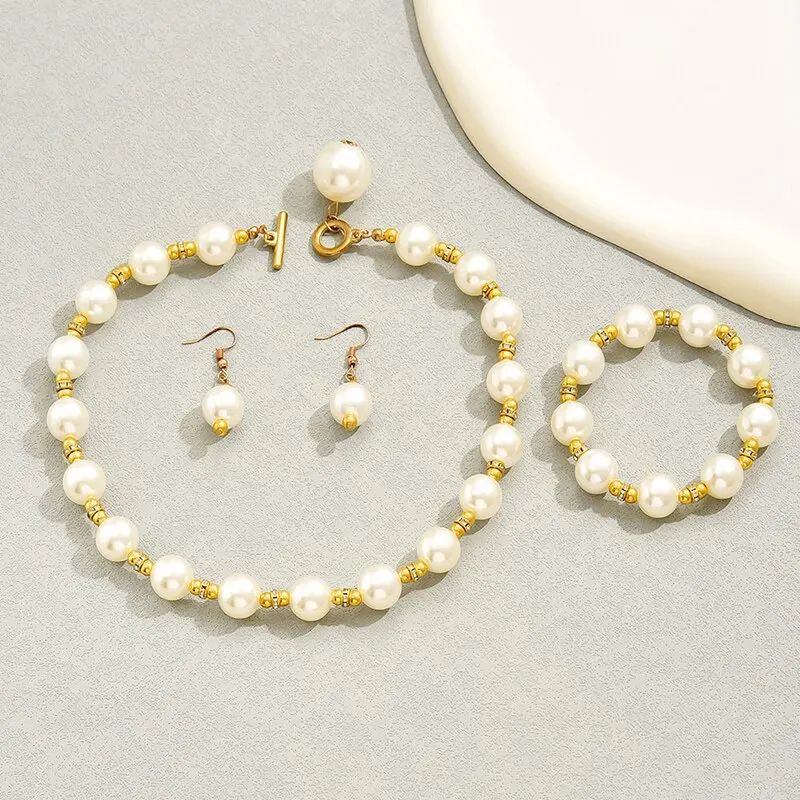 3 Pcs Vintage Pearl Jewelry Set Necklace Bracelet Hoop Earrings Sweet Korean Temperament Pretty Design For Woman Girl Trendy