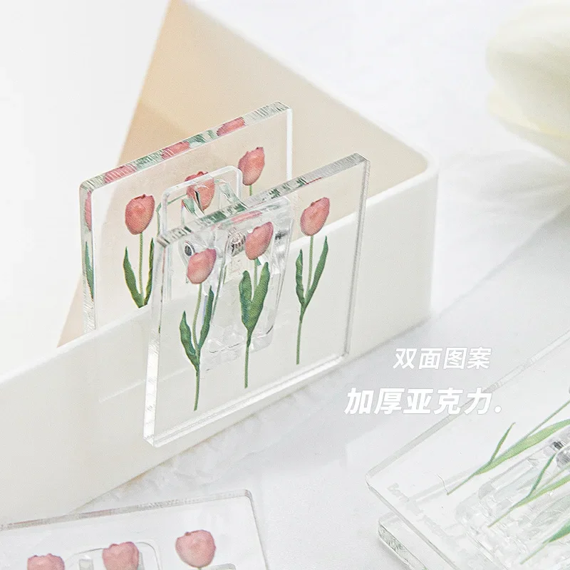 INS Small Fresh Tulip Transparent Acrylic Square Clips Note Paper File Organizer Clamp Snack Seal Clip School Office Accessories