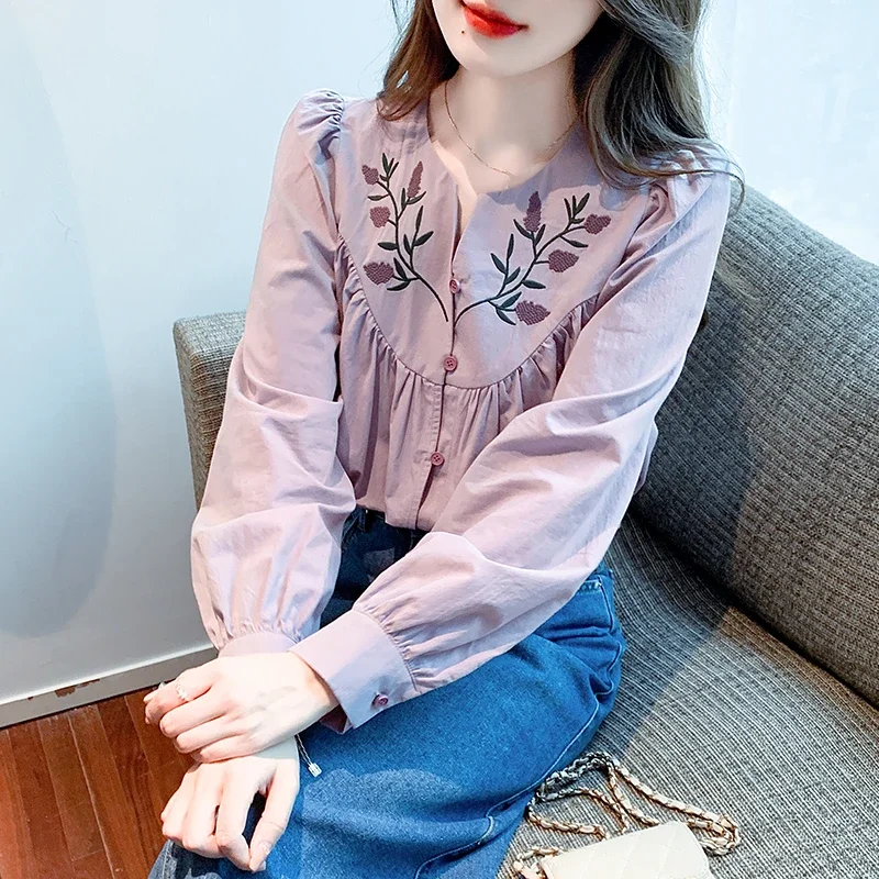 

2022 Sping Fall Women Embroidery Vintage French Style Purple Beige Full Sleeve Top Blouse , Woman Ladies Sweet Flower Blouses