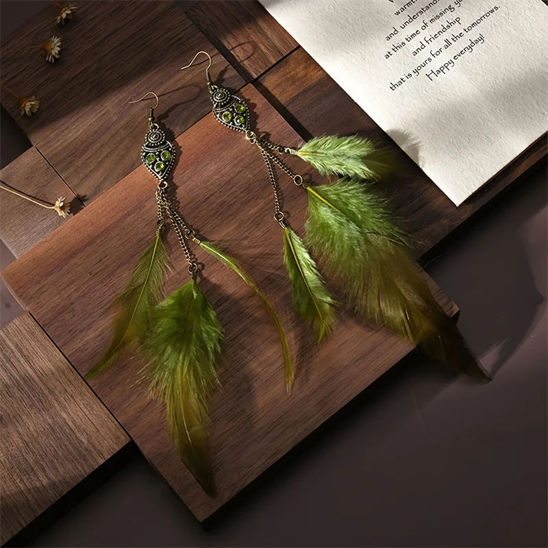 Bohemian Long Feather Tassel Rhinestone Earrings For Women Temperament Ethnic Alloy Earrings Ladies Vacation Jewelry Accessories
