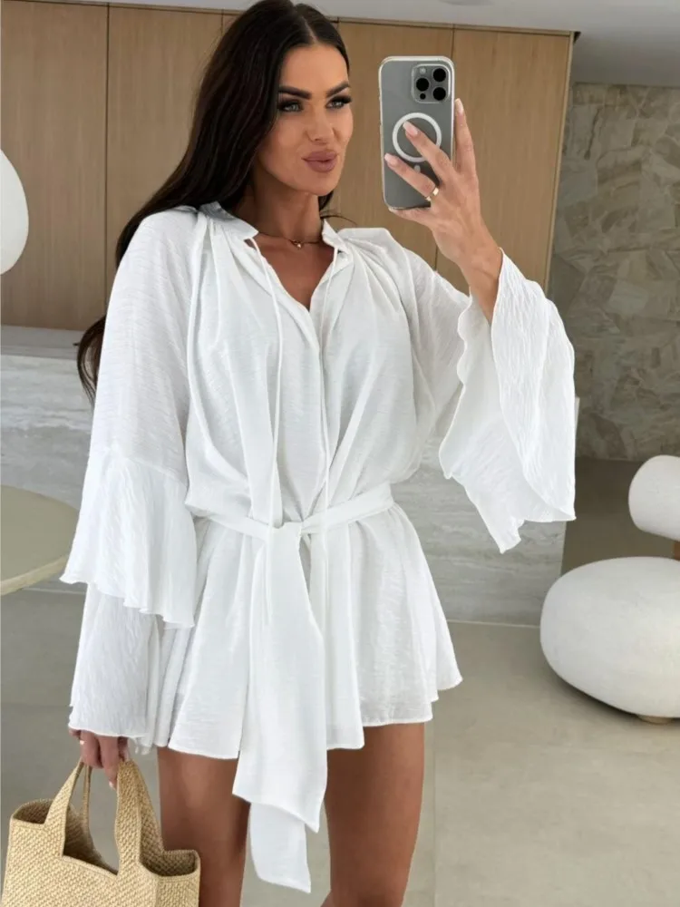 

Women Casual Loose Solid Chic Dresses Sexy V-neck Ruffles Long Sleeve High Waist Lace-up Mini Dress Female Fashion Lady Vestidos