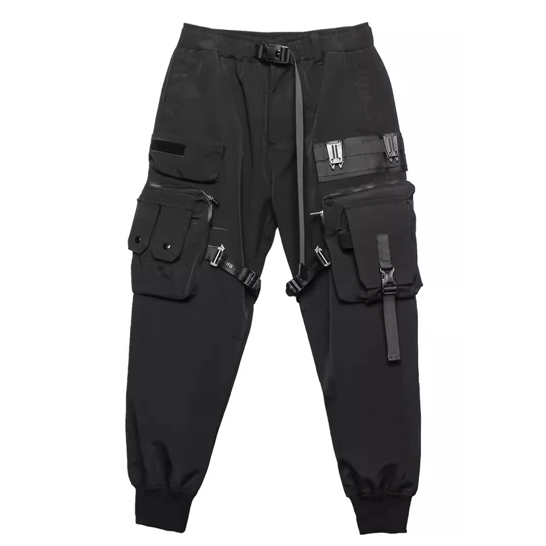 2024 Tactical Cargo Pants Men Fashion Multi Pocket Functional Trousers Elastic Waist Hip Hop Streetwear Pants Black