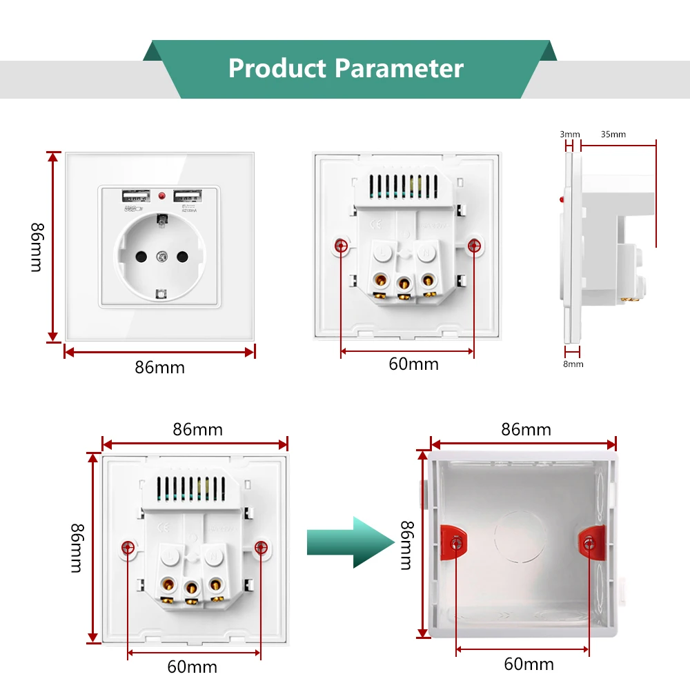 Presa elettrica a parete con ricarica USB 5V 2A pannello 86*86mm presa di alimentazione USB EU LED ON/OFF 16A presa in cristallo temperato