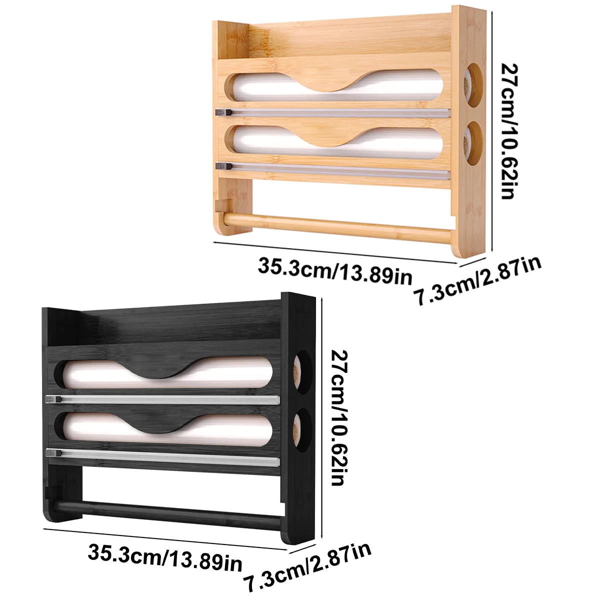 Bamboo 2-Compartment Storage Box with Wall-Mounted Paper Towel Holder & Cutter - Foil & Plastic Wrap Organizer for Kitchen