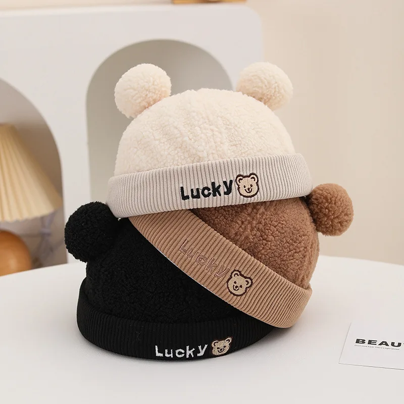 

Boy Girl Baby Brimless Hat Winter Warm Skullcaps Cute Plush Ball Kids Melon Cap Thick Lamb Woolen Children Landlord Hat 2-10Year