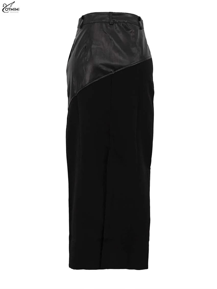 Oymimi Elegant Black Straight Women\'s Skirt Fashion Patchwork High Waisted Skirts Streetwear Casual Slit Ankle-Length Skirts