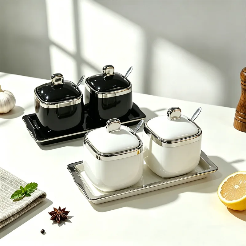 

DSA ceramic seasoning jar, full set of household seasoning box, salt and sugar jar set, kitchen supplies with spoon combination