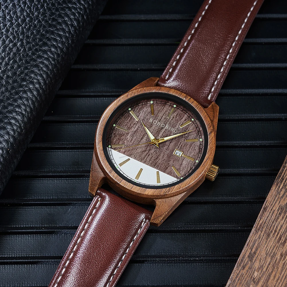 Men\'s Leather Wristwatch New BOBO BIRD Watch Men Wooden Watches Special Design Japanese Quartz Movement Timepieces Custom Gift