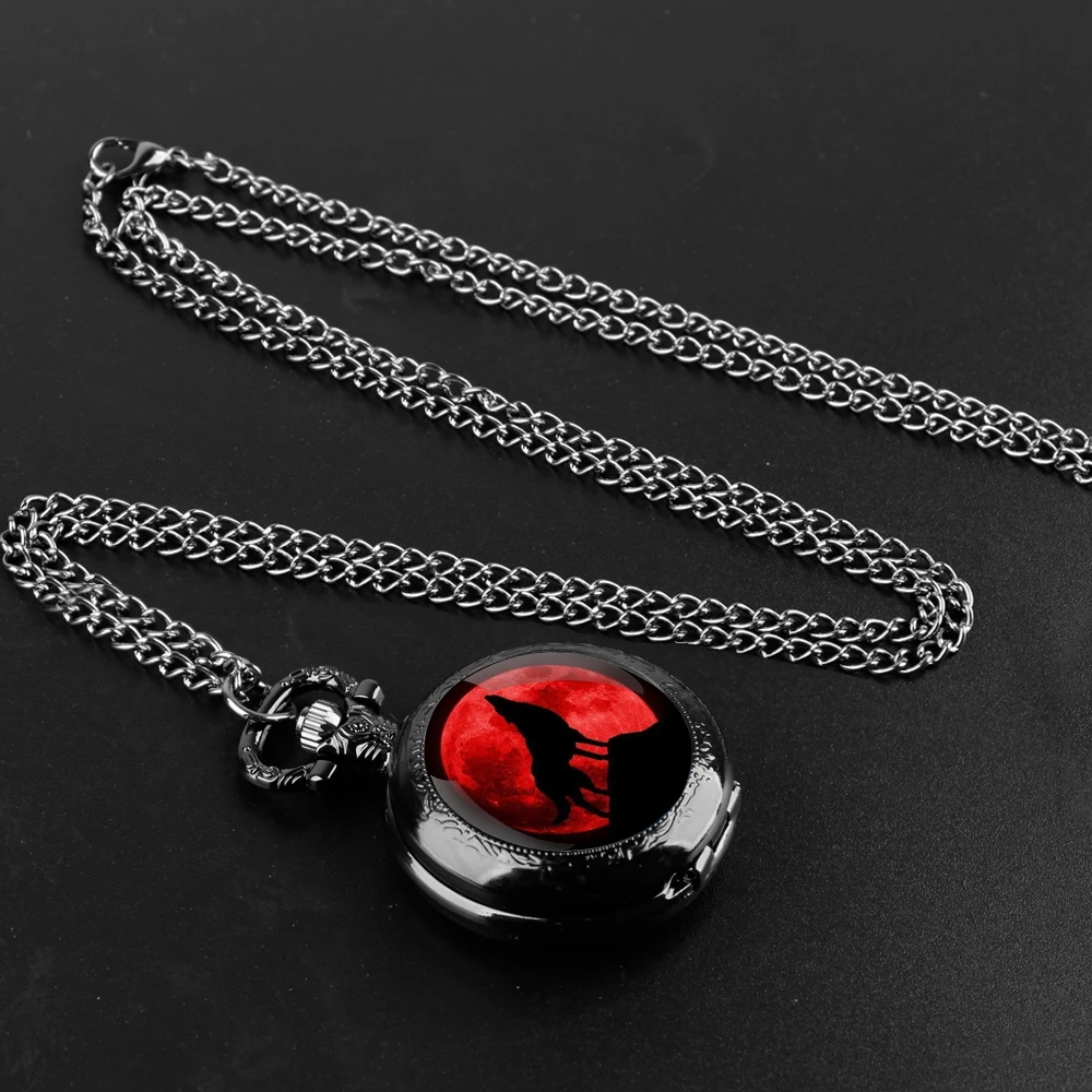 Howling Wolf Design Glass Dome Fashion Arabic Numerals Quartz Pocket Watch Necklace Pendant Chain Mens Women Gifts