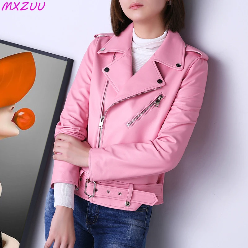 

ER9201 Genuine Leather Jacket For Women Autumn Winter Zipper Belt Short Handsome White/Pink Lambskin Motorcycle Chaqueta Mujer