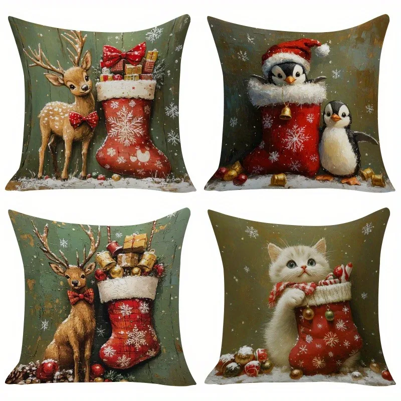 

Home Decor Christmas Animals In Stockings Pillow Covers Pattern Cushion Cover Suitable For Sofa Bedroom Car Pillow Cover