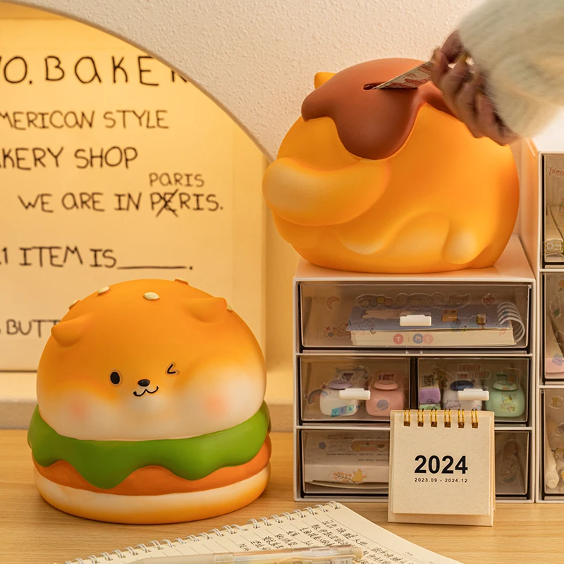 Cute Burger Dog Vinyl Coin Saving Box, Cartoon Puppy Piggy Bank Desktop Ornament, Money Storage Decor for Desk & Home