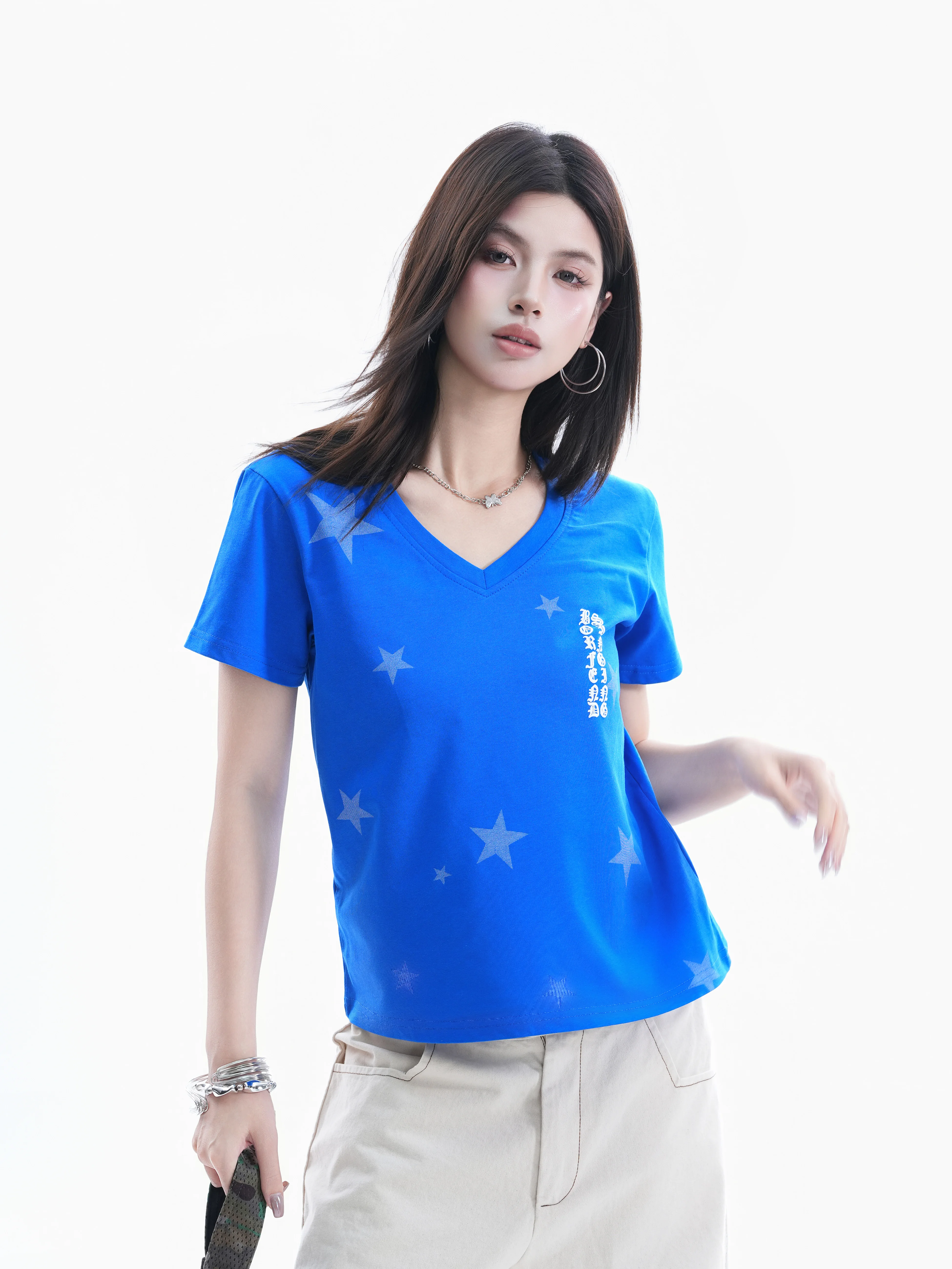 

Retro American Star Print V-Neck Short Sleeve T-Shirt Women's Gothic Letter Design Casual Top Cotton Comfortable Fit