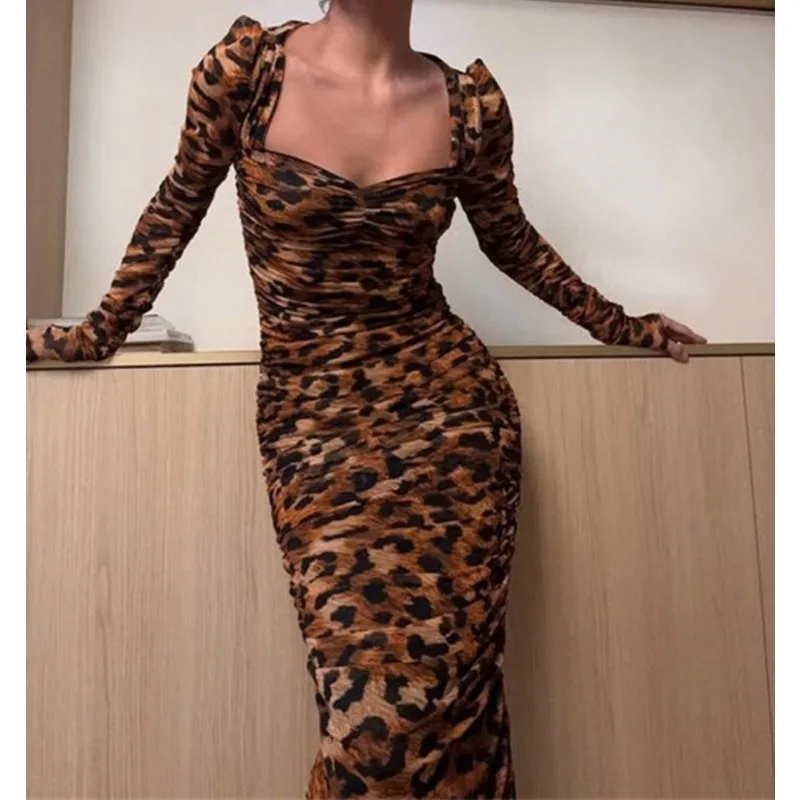 

Fashion Square Neck Leopard Print Long-sleeved Dress Pleated High Waist Slim Fit Slim Temperament Hip-wrapped Dress