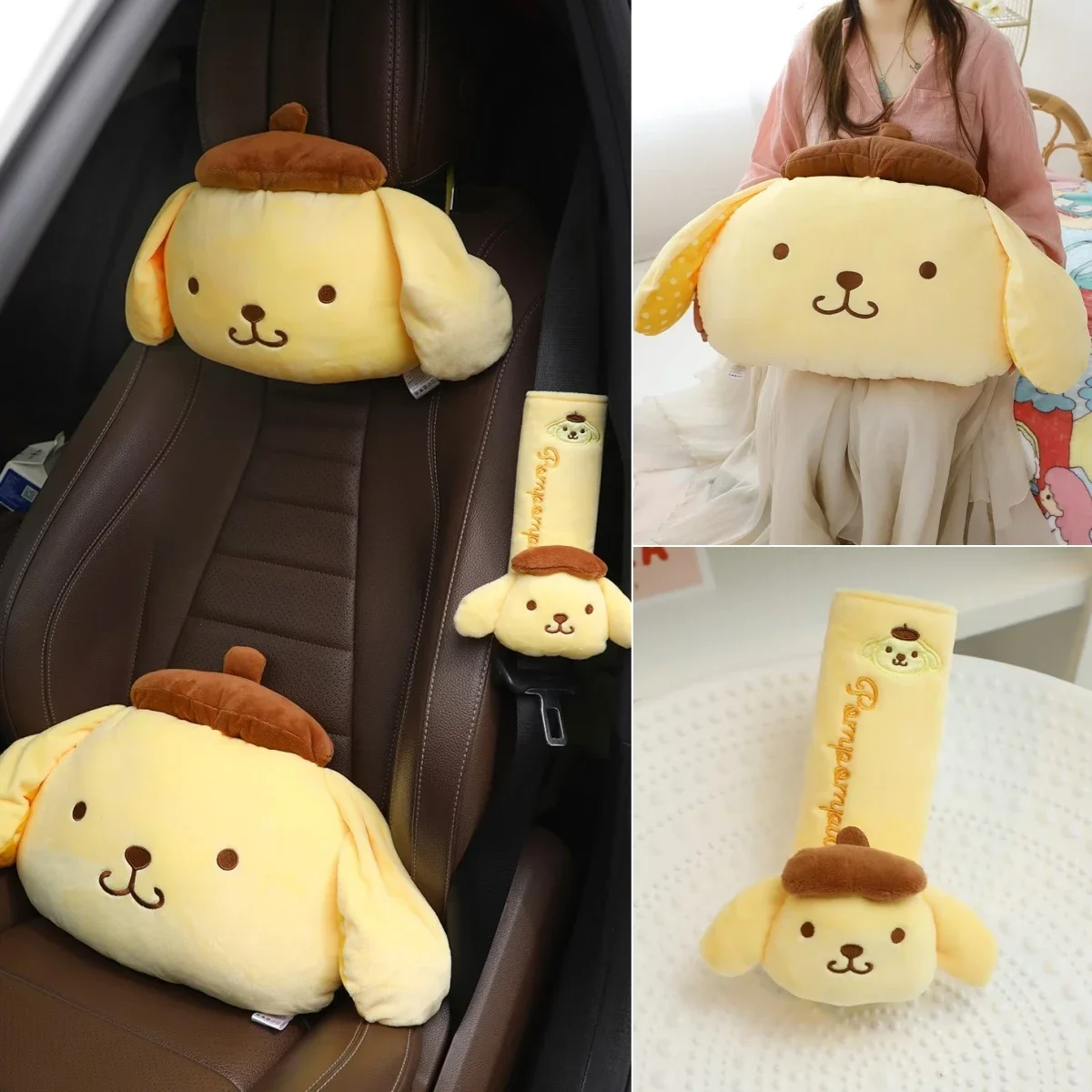 ポムポムプリンヘッドレストシートベルトカバー快適な背もたれクッション漫画車の装飾和風枕ソファベッドぬいぐるみ女の子