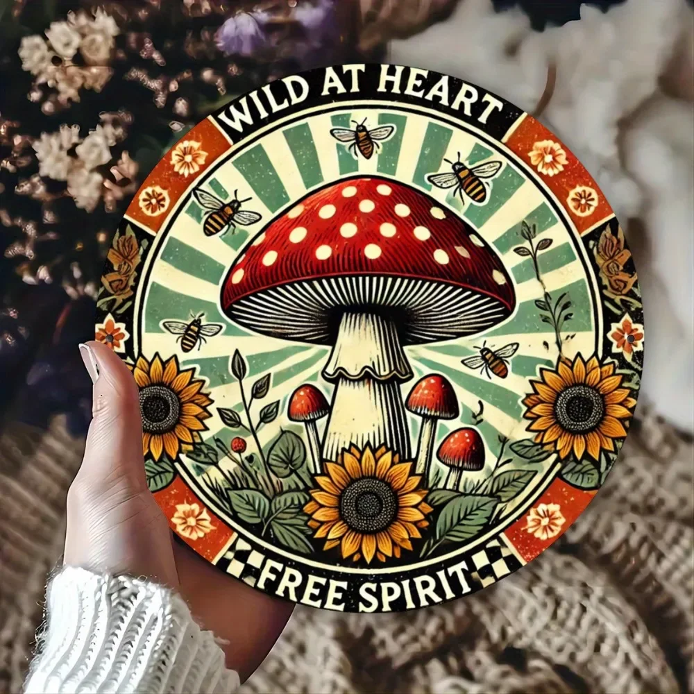 لافتة معدنية على شكل عباد الشمس والنحل والفطر، فن معلق من الحديد الدائري المطبوع المسطح، ديكور جداري مقاس 8 بوصات لنوادي الحانات والمقاهي #1