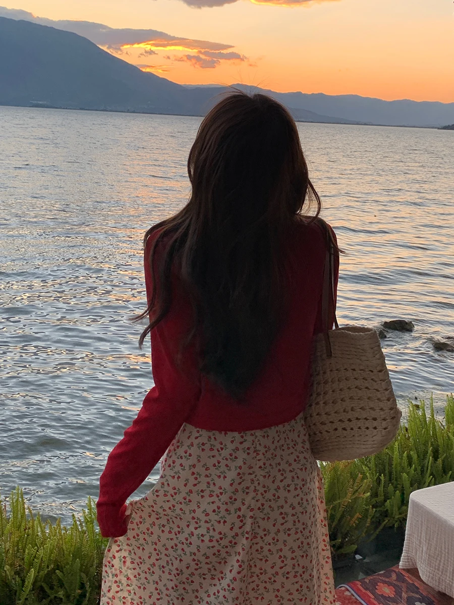 

Red Ice Silk Knitted Cardigan Women's Summer Thin Strap Vest Outerwear ort Jaet Korean Sle Slim Fit Long Sve irt S...