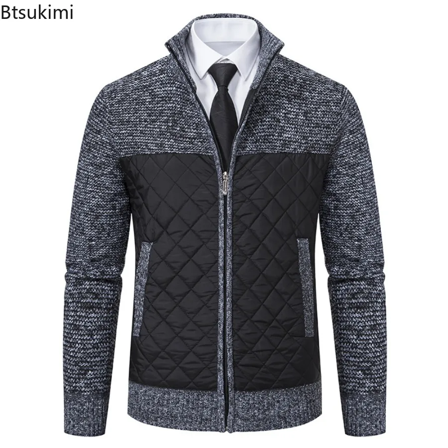 New Autumn Winter Men's Sweater Jacket Coat Knitting Outewear Patchwork Stand Collar Long Sleeves Warm Zipper Casual Jackets