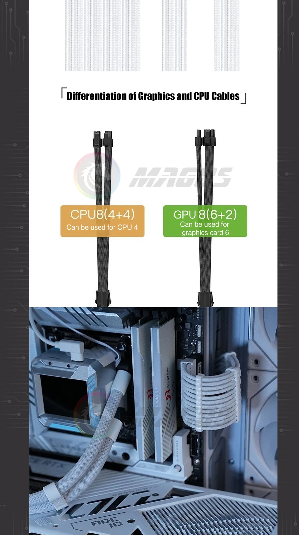 Netzteil-Verlängerungskabel für Computergehäuse, Länge 300 mm, ATX-24Pin/PCI-E 8Pin/CPU 8Pin 18AWG Netzkabel mit Kämmen, mehrfarbig – Detail 5