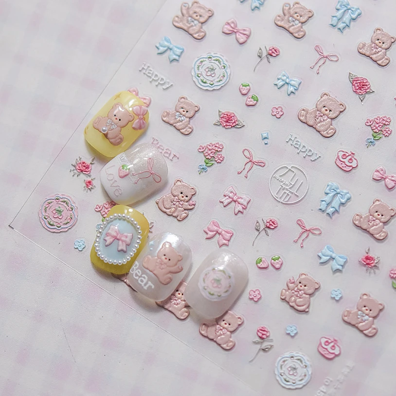 Charming Cherry's Cake Cute Bowknot Pink Blue Bear Flower Bouquet Strawberry Adhesive Nail Art Sticker Rhinestone Manicure Decal