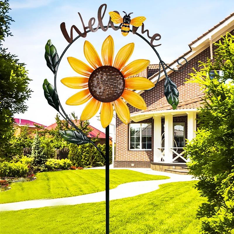 Wind Spinner With Stake Standing Bee Sunflower Pinwheel Outdoor Garden Decor Welcome-shaped Windmill Metal Rotating Fashion Cute