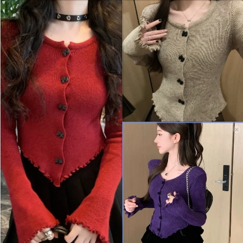 Red Knitted Cardigan Women Slim Long Sleeve Round Neck Casual Top