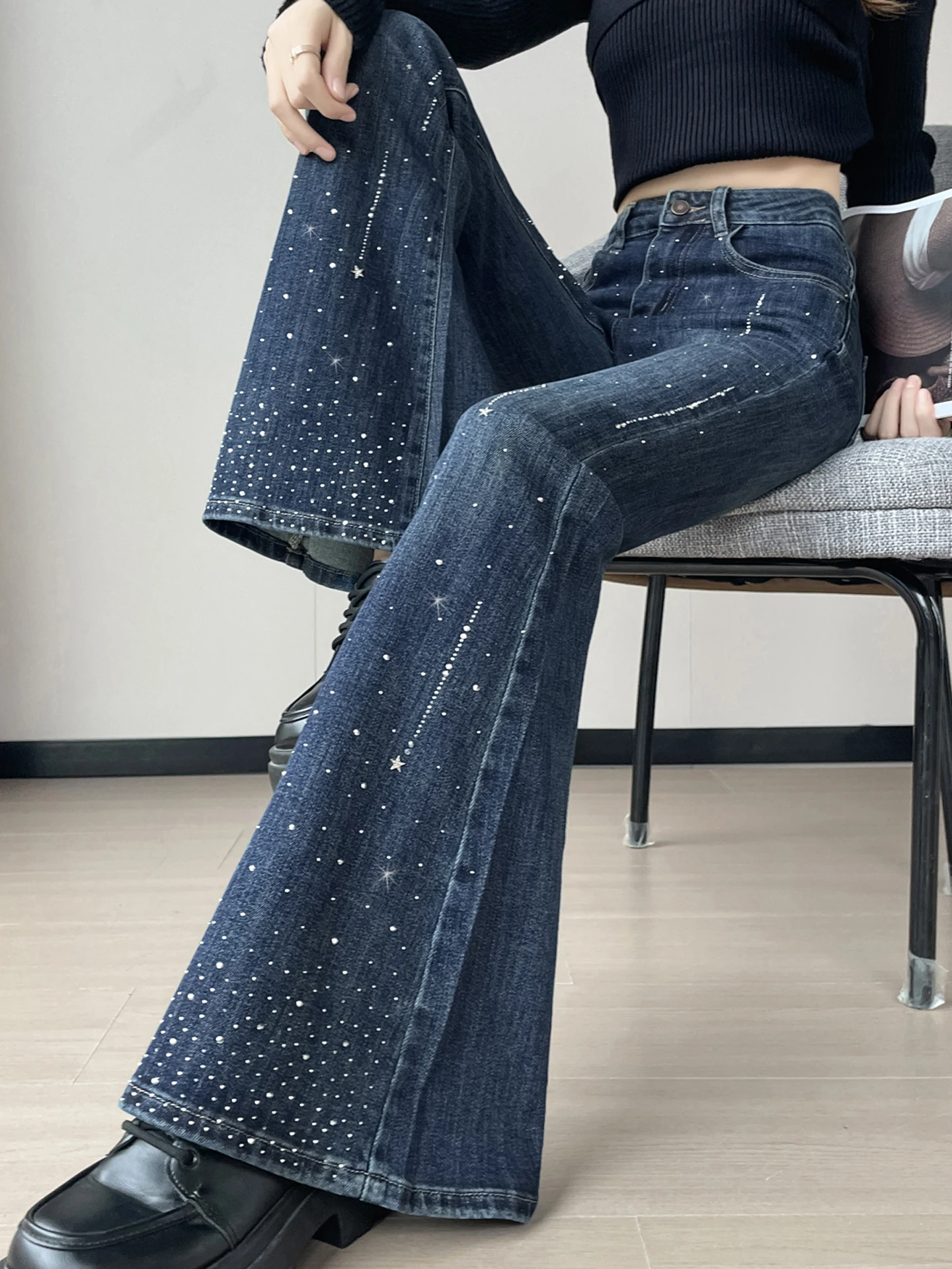 

American Retro Starry Women's Skinny Jeans High Waist Micro Flared Diamond Studded Casual Comfortable Breathable Denim