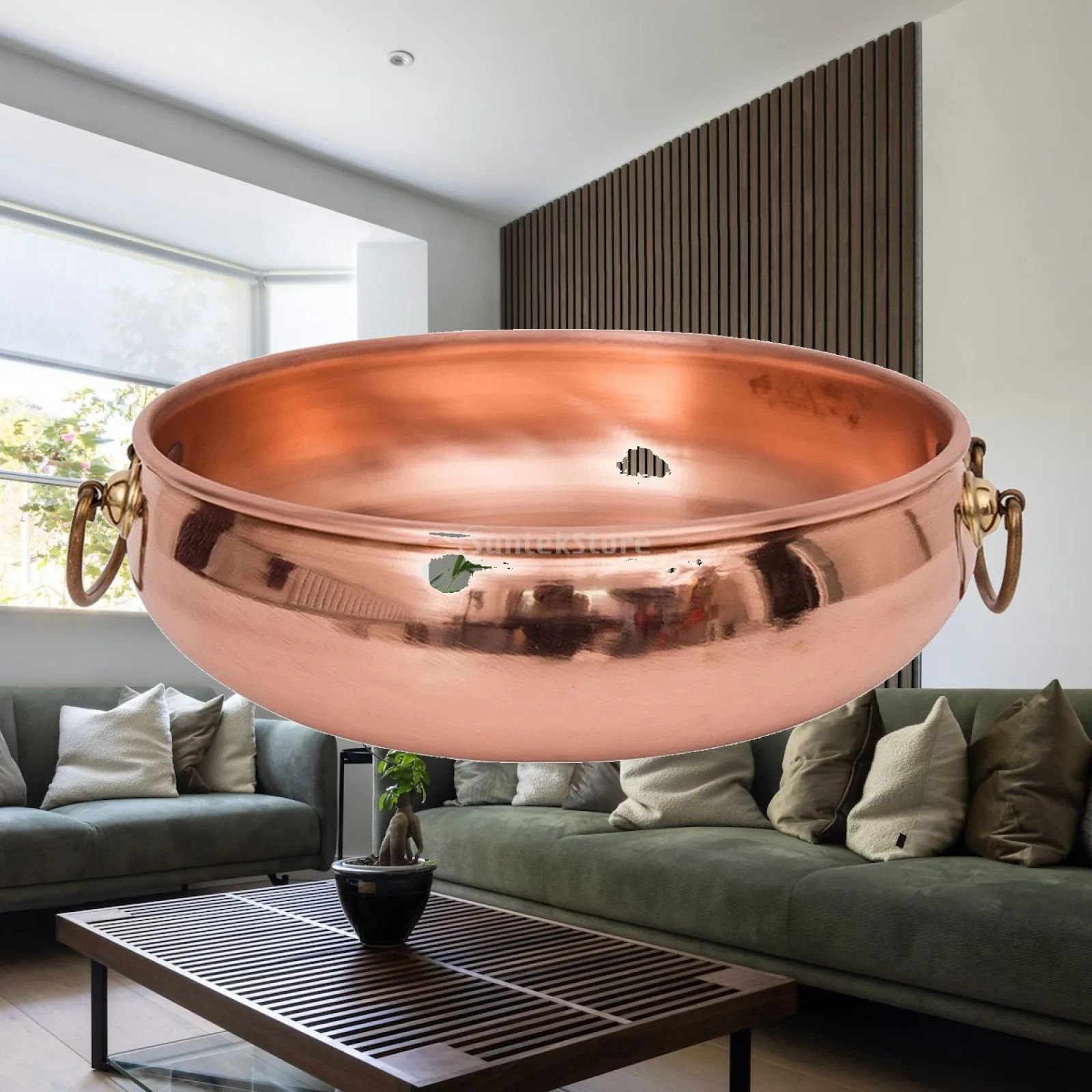 Round Copper Cooking Vessel for Shared Meals with Smooth Interior and Attached Loop Handles