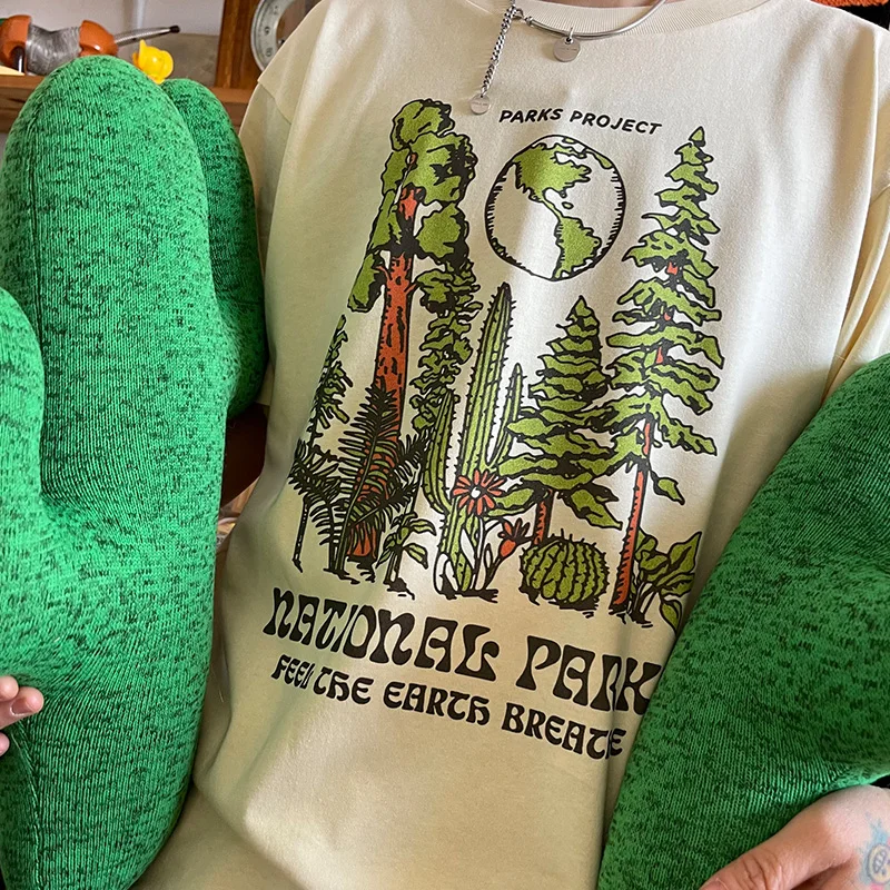 ゆったりとした半袖コットンTシャツ,サマーパークプロジェクト,植物プリント,レトロなスタイル,90年代のグラフィック,2021