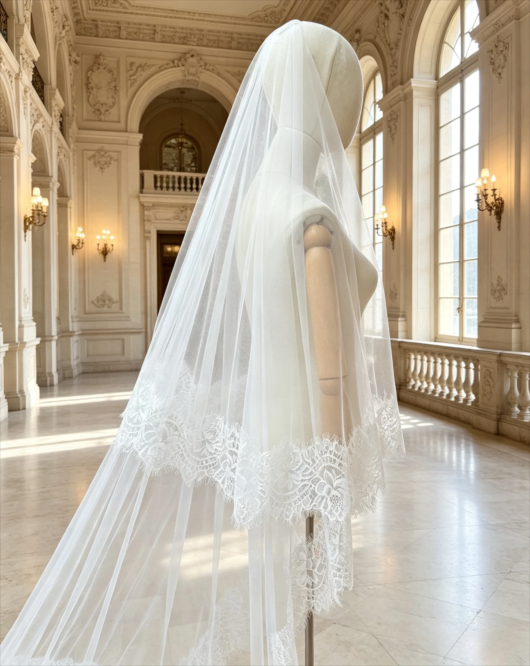 Wedding Dress Accessories Chantilly Lace Cathedral Wedding Veil 2-Tier Eyelash Lace Bridal Veil Blusher Soft Tulle Mantilla