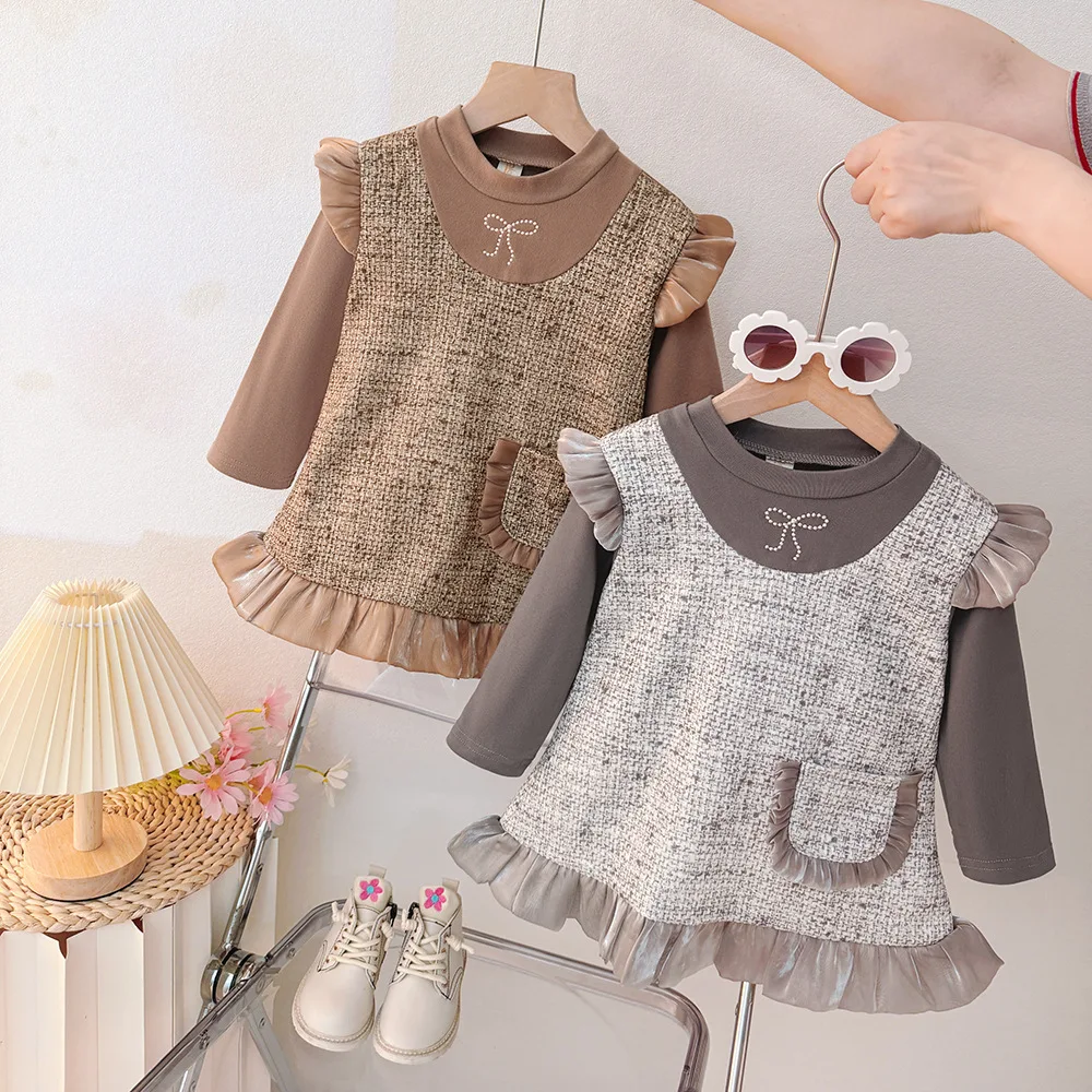 

2025 New Baby One-piece Dress 0-3Y Baby Girls French Tweed Fake 2Pcs Dress Ruffle Trim Pocket Detail Party Princess Outfit
