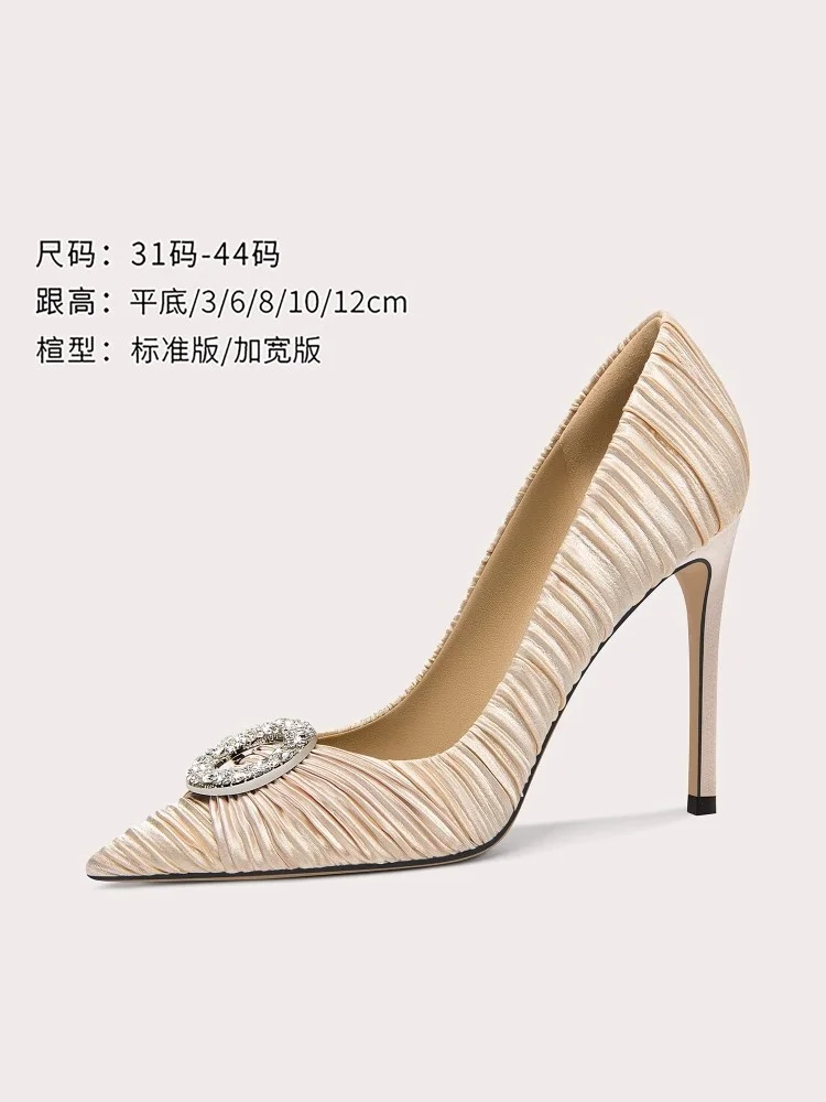 

Spring new pointed shallow cloth wrinkled rhinestone flat shoes thin high-heeled banquet dress large size small size women shoes