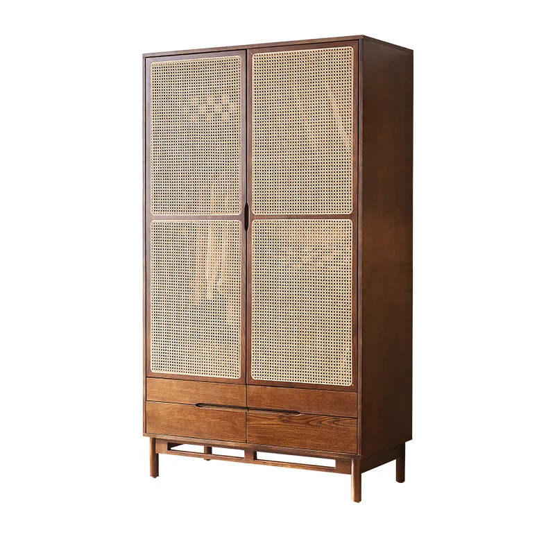 

Household Japanese retro rattan wardrobe combination walnut solid wood double door storage wardrobe small apartment bedroom