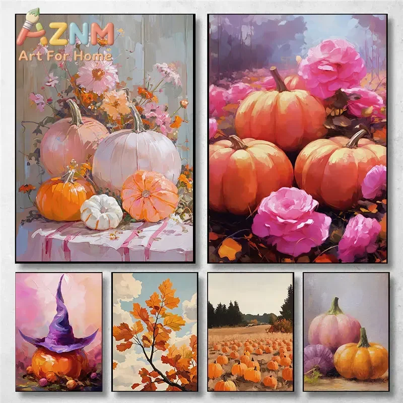 Fall Pumpkin Harvest Broken Flowers Autumn Black Cat Halloween Girly Spooky Poster Home Decor Canvas Painting Wall Art Pictures