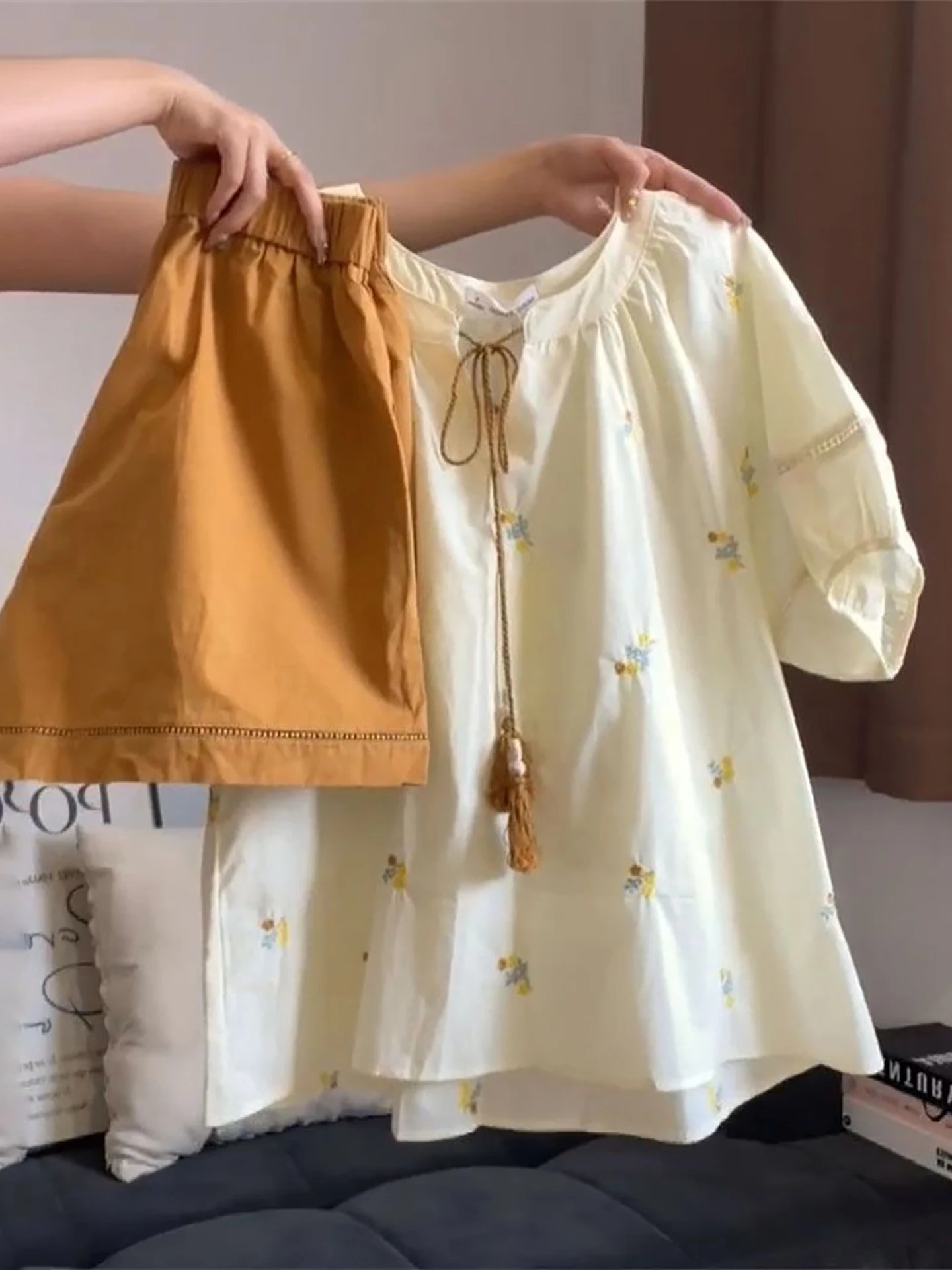 

Summer Floral Embroidery Short Sleeve Shirt High Waist Loose Casual Shorts Women's Student Two-Piece Set Sweet Style