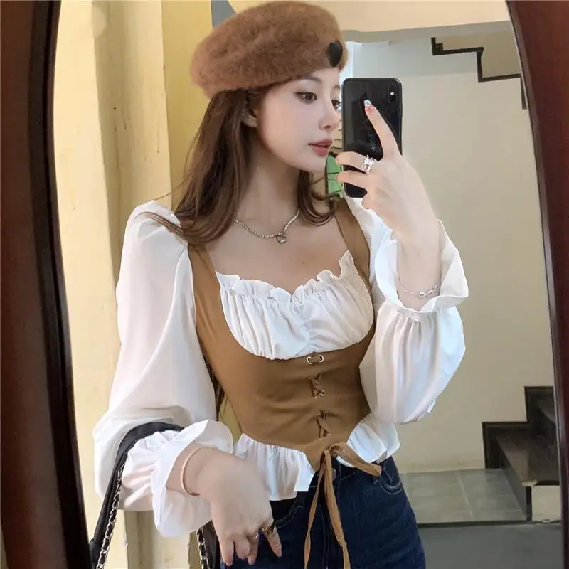 Blouses Women Ruffles Square Collar Fake Two Piece Temper Hotsweet Cropped Slim Panelled Designer French Fashion Clothing Chic