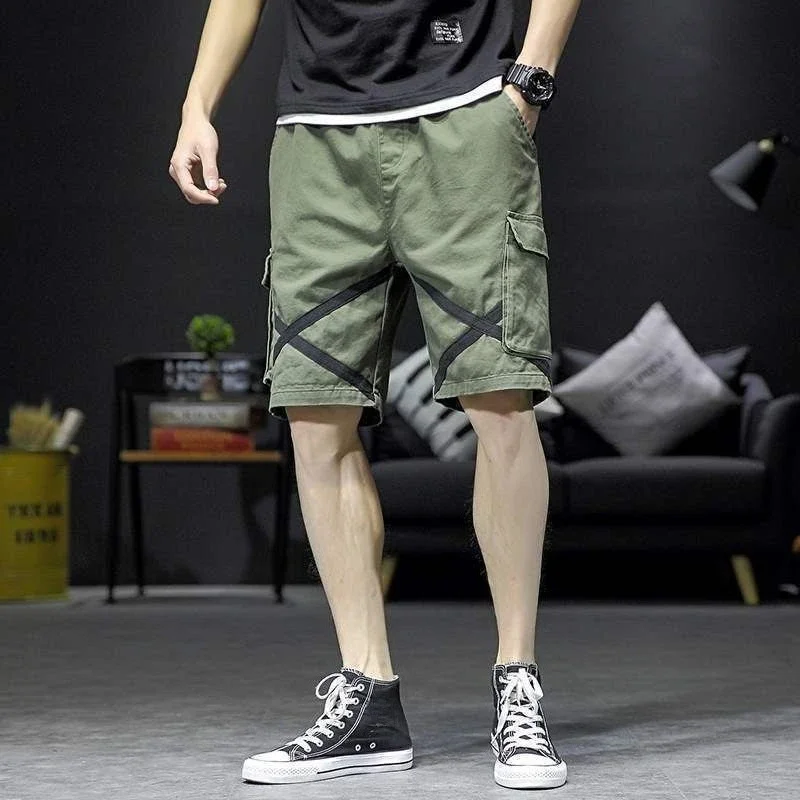 Baggy with Pockets Half Mens Cargo Shorts Draw String Short Pants for Men Wide Long Elastic Waist Bermuda Solid Loose Nylon Y2k