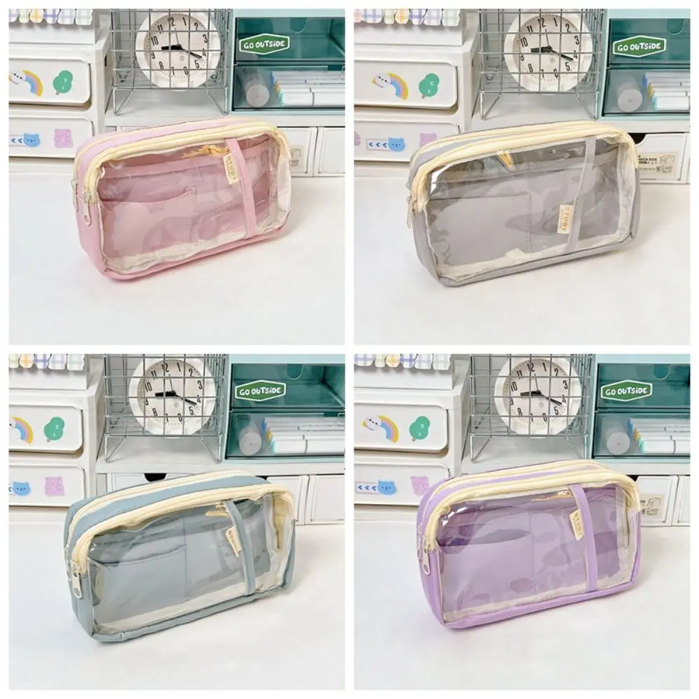 Simple Double-layer Pencil Bag Waterproof Candy Color Transparent Pencil Bag Multifunctional Fashions Stationery Bags