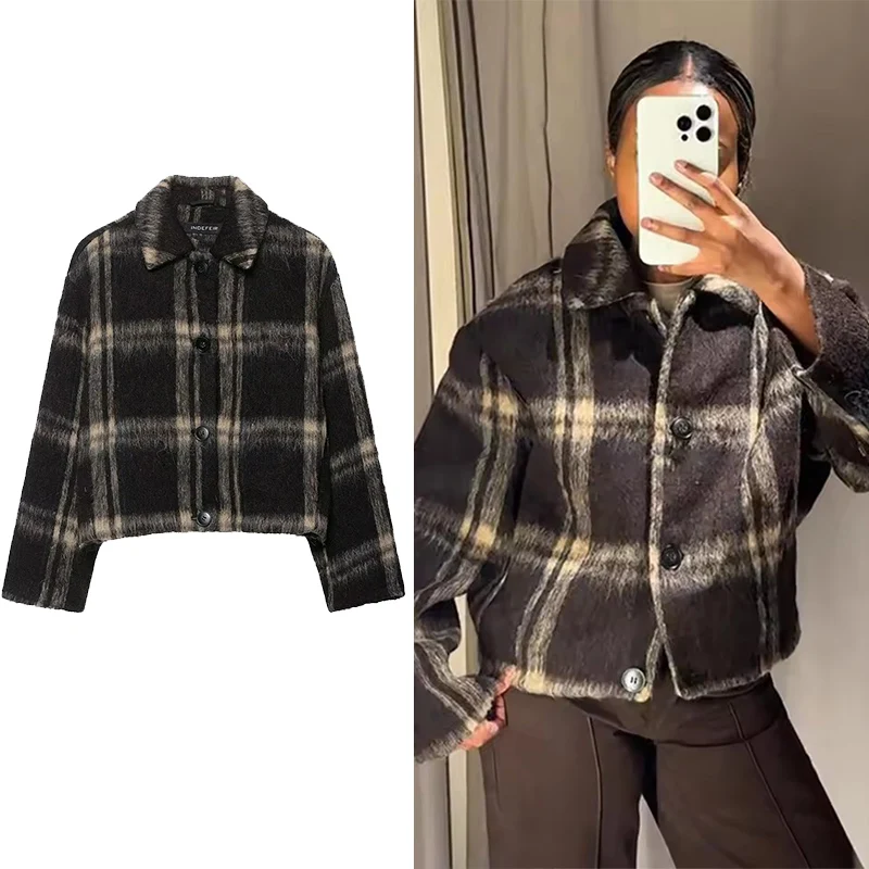 

Женская клетчатая куртка, короткие пальто, осень 2021, модные куртки на пуговицах с длинными рукавами для женщин, повседневная свободная новая верхняя одежда