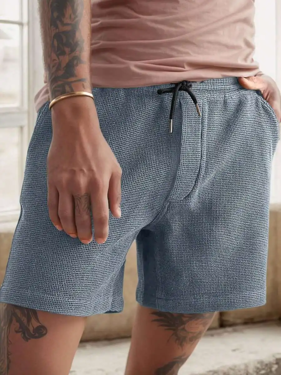 

Mens Waffle Knit Casual Shorts Elastic Waist Drawstring With Pockets