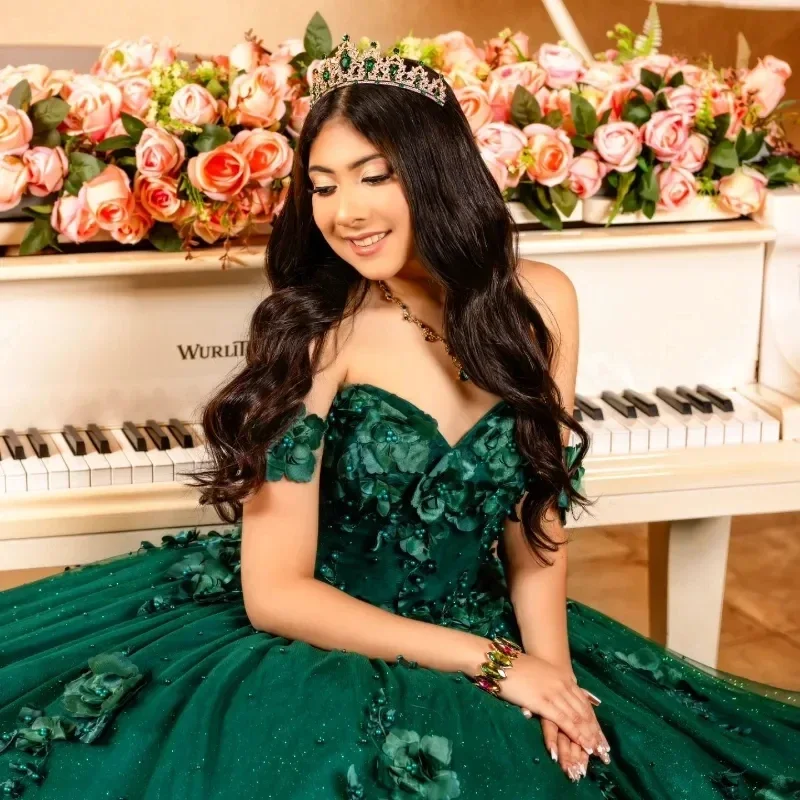 Elegant Emerald Green Beads 3D Flowers Ball Gown Quinceanera Dresses Off The Shoulder Tulle Birthday Gowns Lace Up Sweet Vestido