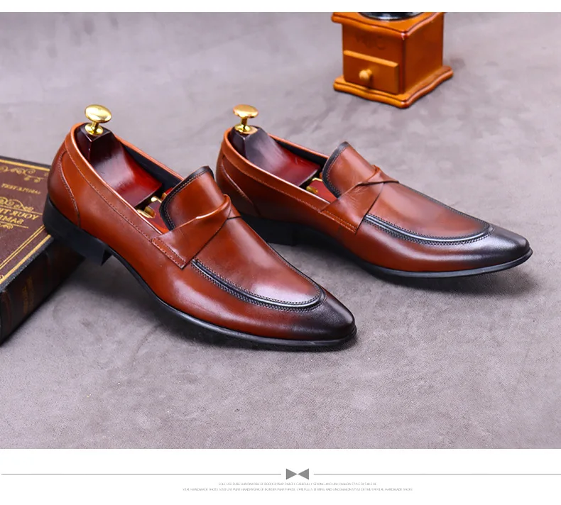 New British Retro Business Formal Leather Shoes Casual Genuine Leather Shoes Men\'s Wedding Shoes Shallow Slip-On Loafers for Men