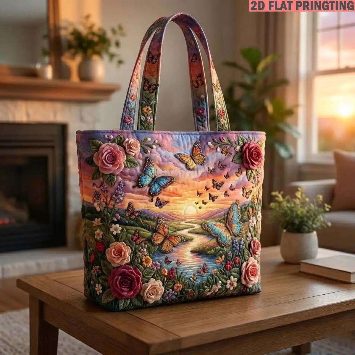 1 Stück gesteppte Tragetasche für Damen, bedruckt mit Schmetterlingsgarten, Sonnenuntergang, Blumen, Bach, Rosen, multifunktionale, gesteppte Tasche mit großem Fassungsvermögen – Detail 2