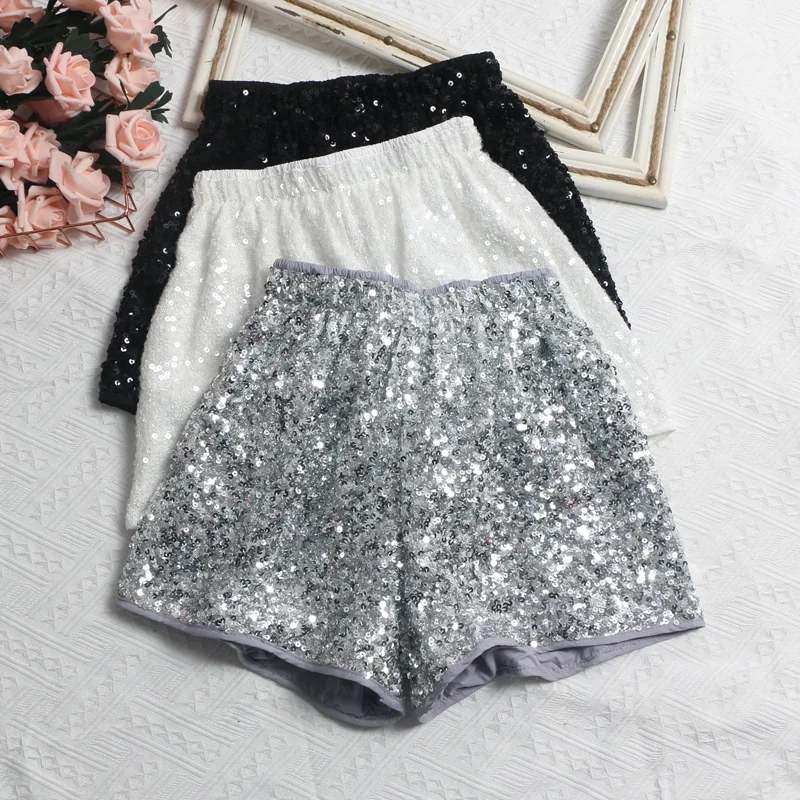 

2024 Summer Sexy Spice Details Are Lined Sequin Shorts High-Waisted Wide-Leg Pants Elasticated Waist Casual Slimming Hot Pants