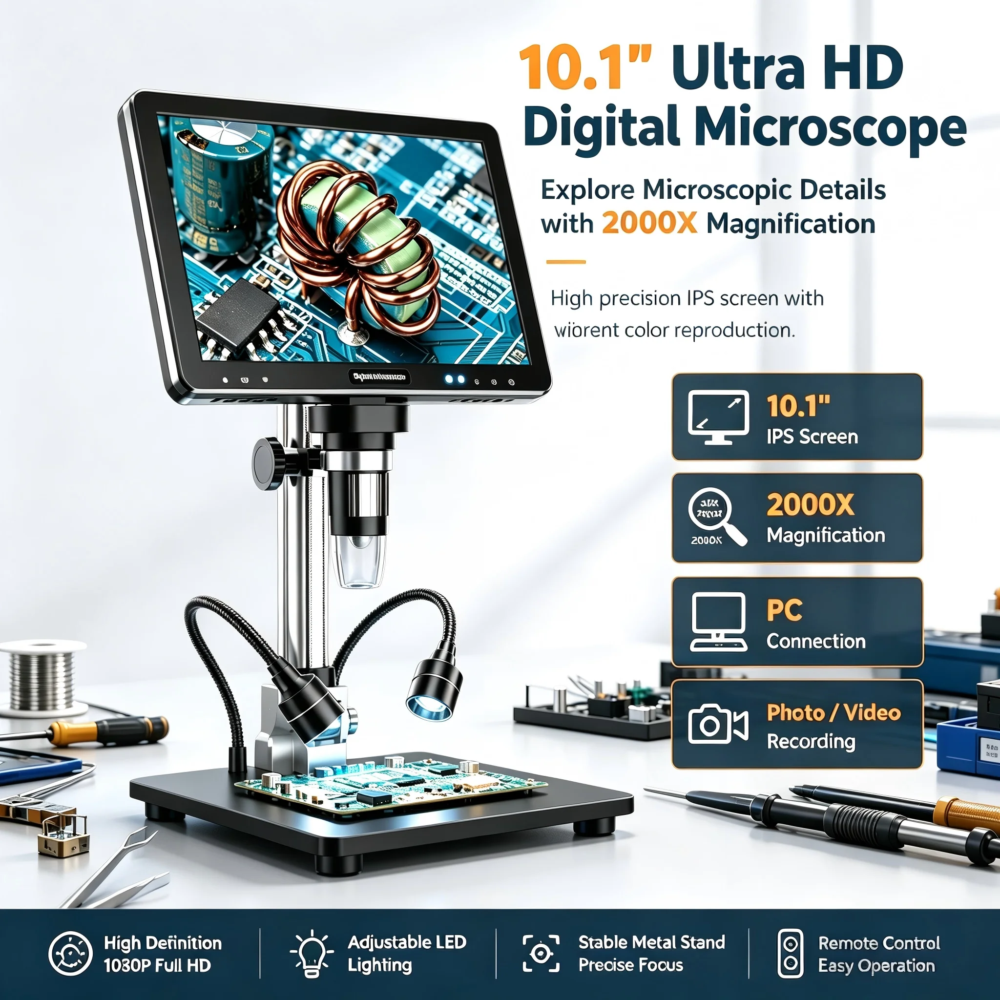 Microscope numérique IPS 10,1 pouces 20MP 2000X avec caméra à mise au point ultra-précise, vidéo 1080P avec enregistrement vocal, microscope numérique HDMI, batterie rechargeable, 8 lumières LED pour