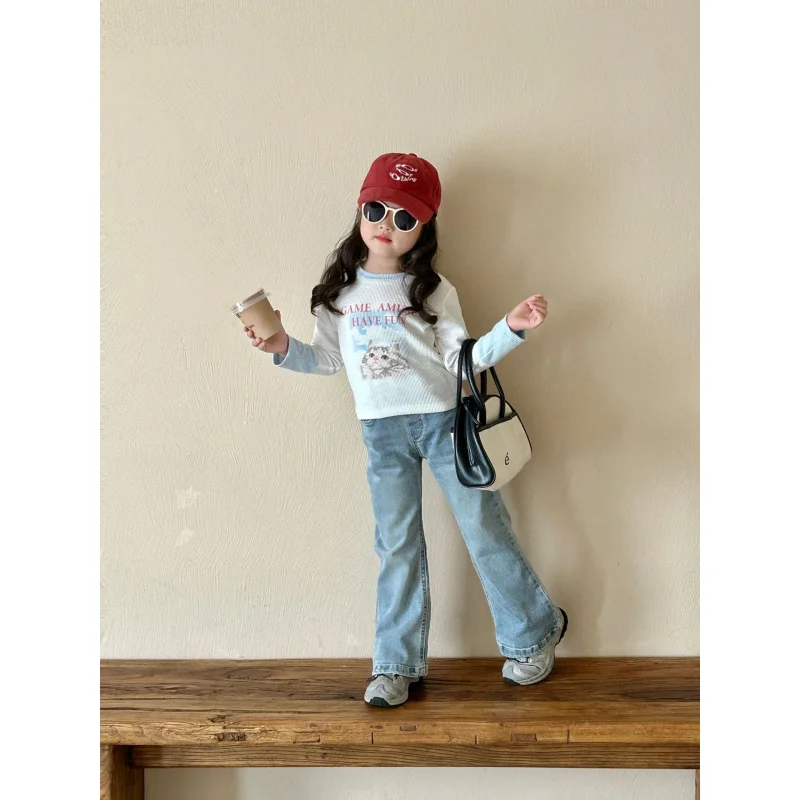 

Girls' Jeans2024Autumn New Children2-7Bell-Bottom Pants-Year-Old Children Outerwear Trousers Western Style