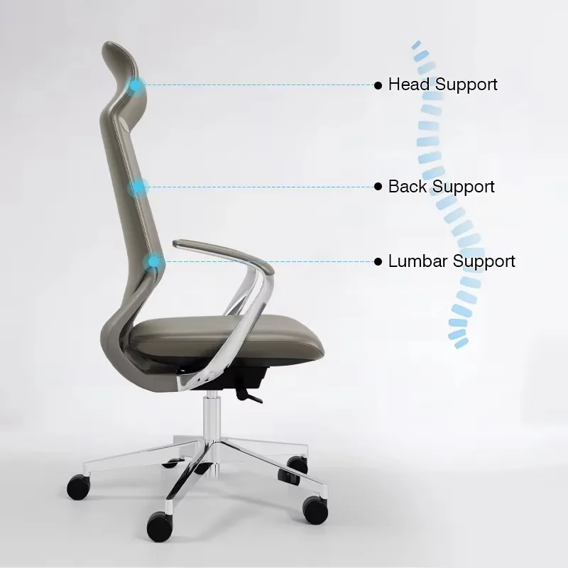 เก้าอี้สำนักงานหนังพนักพิงสูงฐานอลูมิเนียมอัลลอยด์ หมุนได้ พร้อมที่วางแขน สำหรับใช้ในบ้านหรือสำนักงานผู้บริหาร