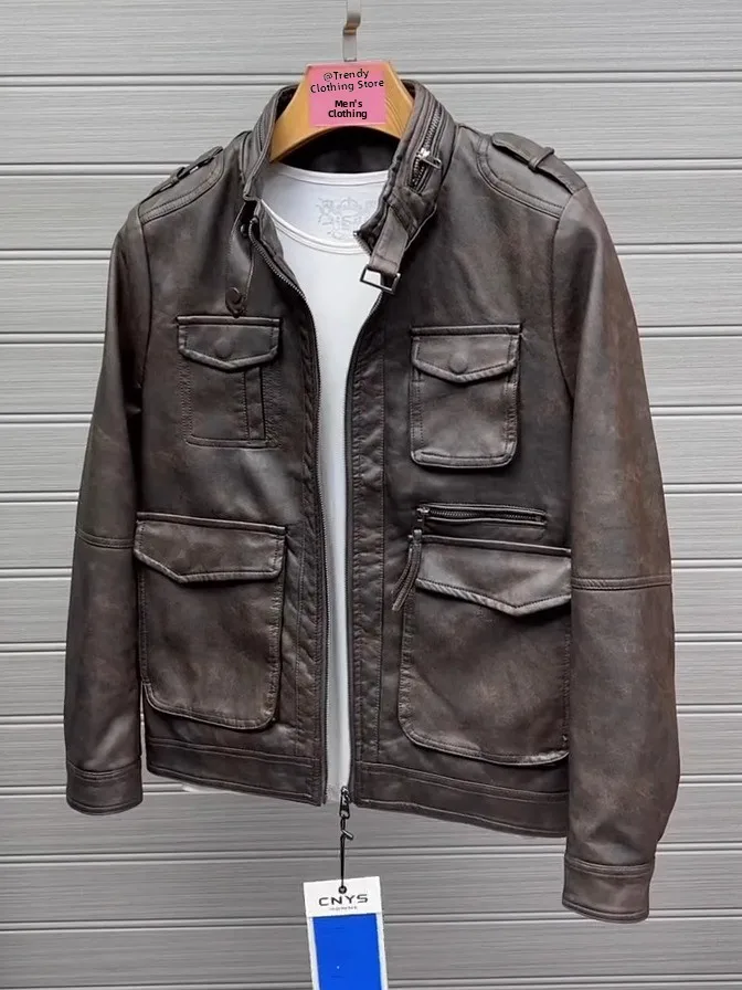 

High Quali Men's PU Leather Jaet Stand Collar Busin Sle Spring Autumn Faionable Versatile Stand Fit Chinese Brand