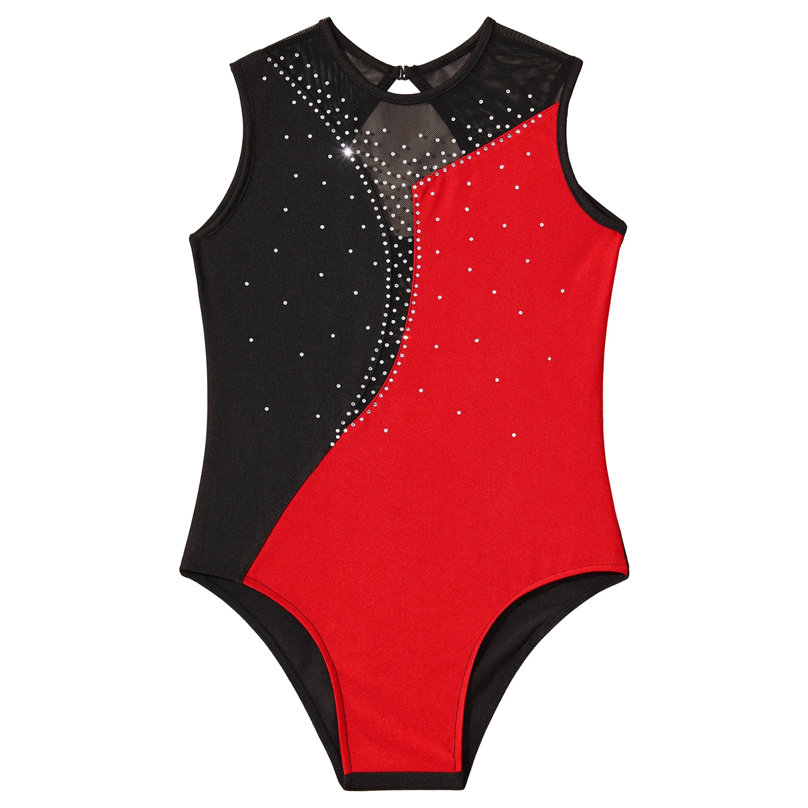 Kids Sleeveless Shiny Rhinestone Gymnastics Jumpsuit for Girls Teens Skating Bodysuits Contrast Color Tutu Ballet Dance Leotards