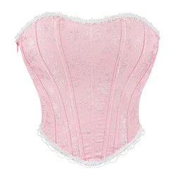 Pink Overbust Corset Chic Lace Trim Bustier Crop Tube Top Side Zipper Corselet